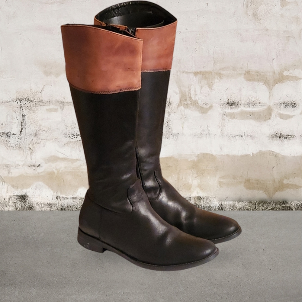 Women Vintage Leather Black and Brown Tall Riding Equestrian Boots Aldo SZ37/6.5